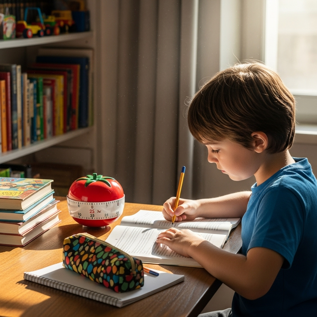 Criança estudando com Técnica Pomodoro em ambiente organizado
