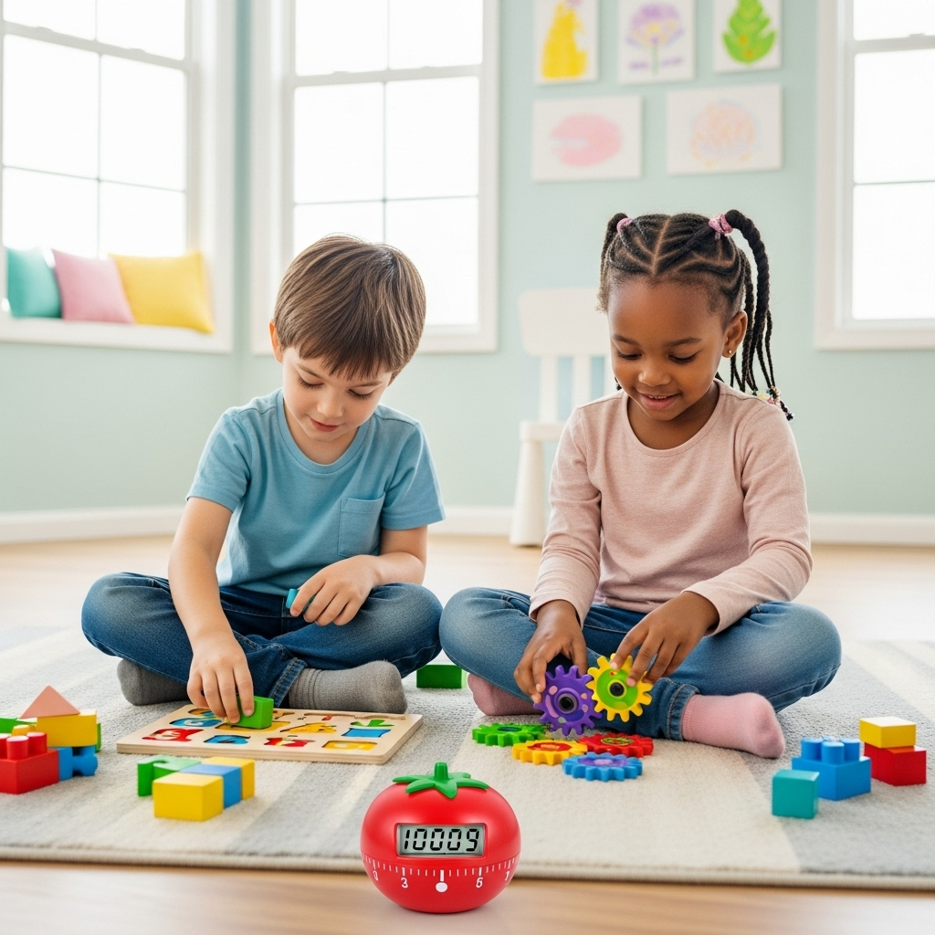 Crianças aplicando a Técnica Pomodoro com timer estilo tomate